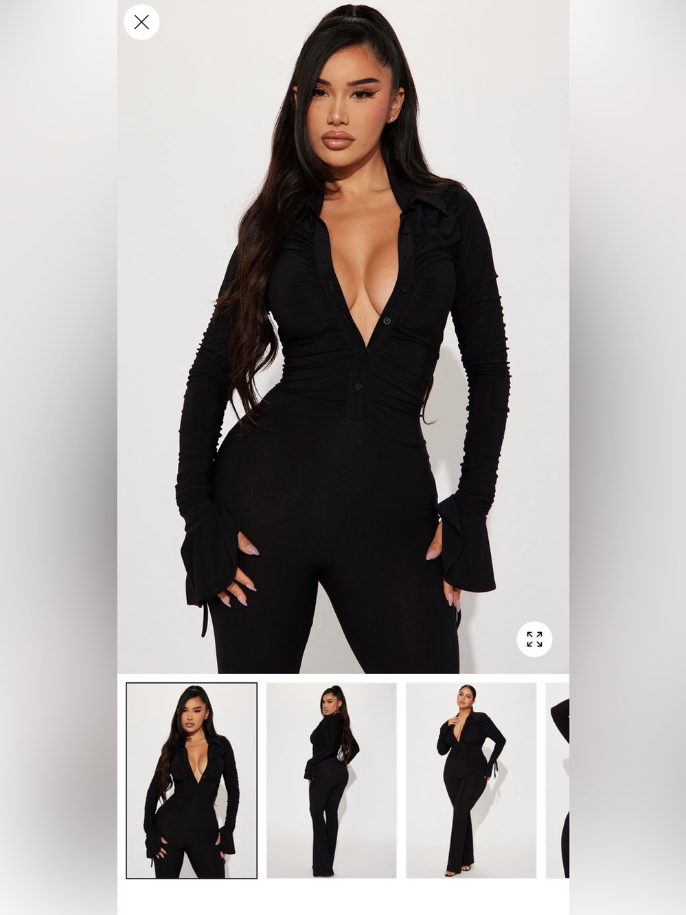 Women's Black Long-Sleeve Deep V jumpsuit